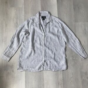 TAHARI 100% LINEN SHIRT BUTTON BLUE STRIPE LONG SLEEVE WOMENS LARGE